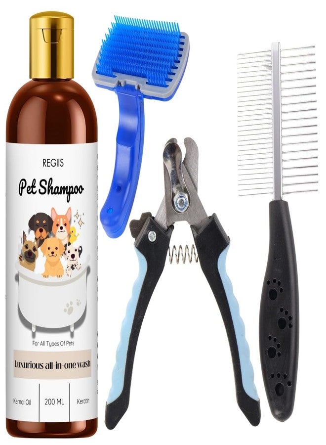 REGIIS Pet Grooming Set with Shampoo, Brush and Nail Clippers, All-in-One Wash for Dogs and Cats, Brown, 200 ML with Kernal Oil and Keratin - Image 1